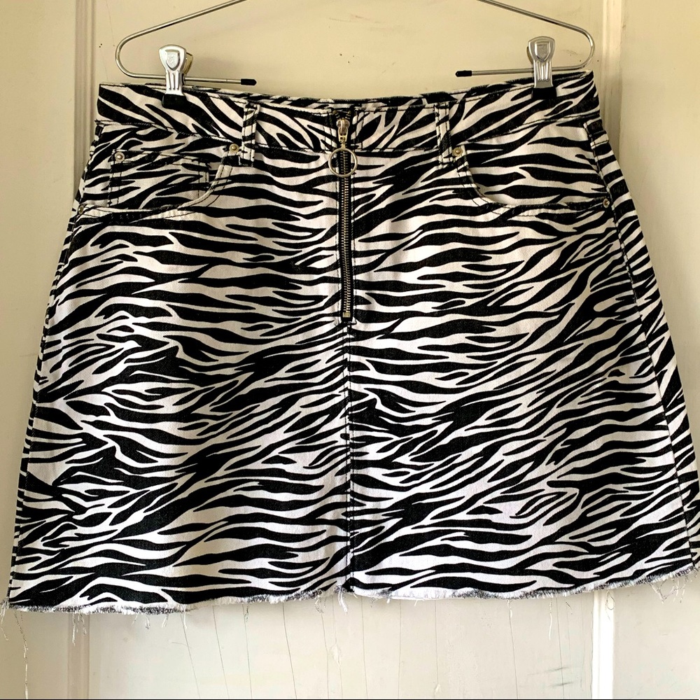 Black and white zebra print denim mini skirt